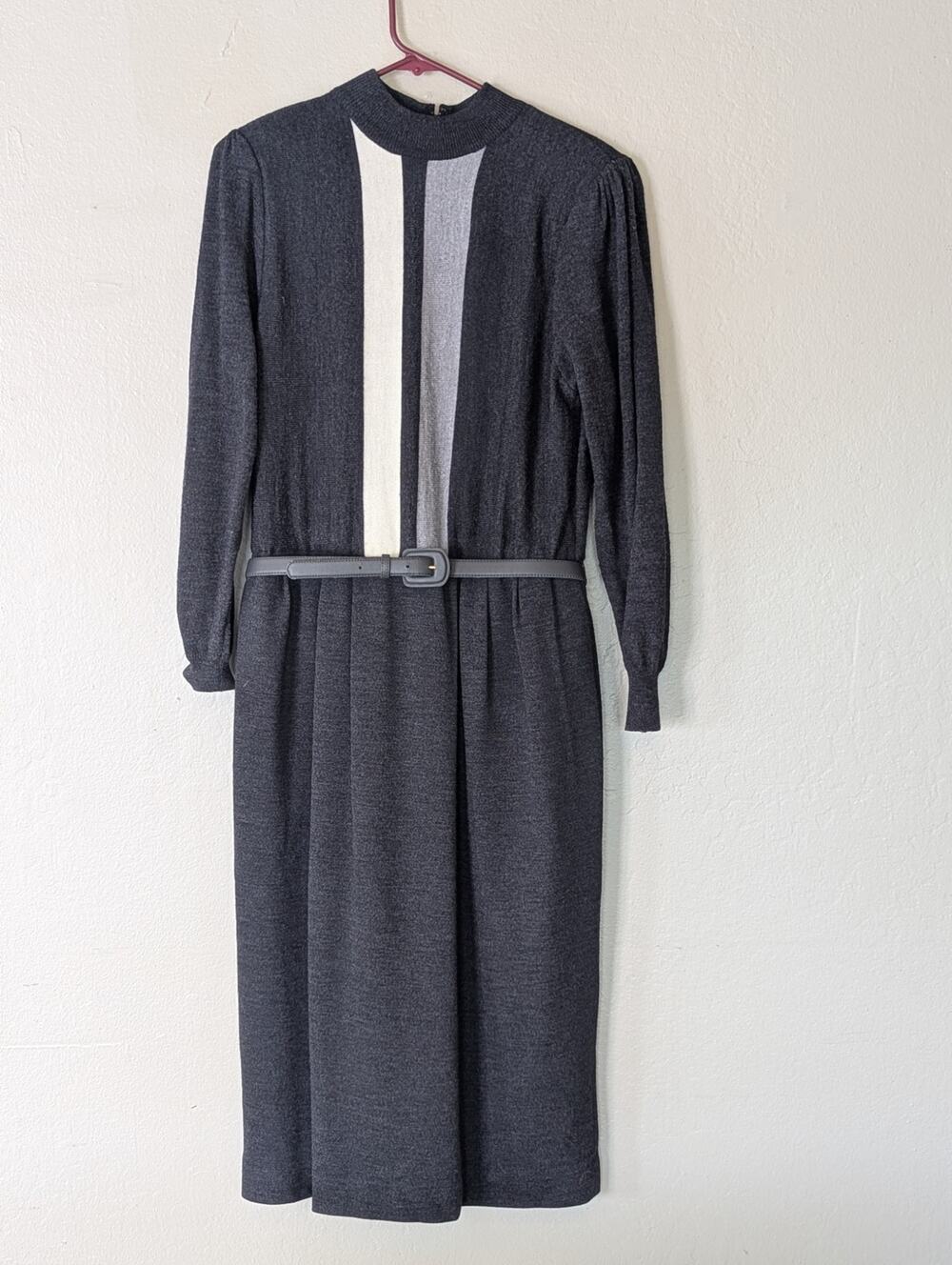 Vintage 80s 100% Wool Knit Dress Grey Belted Mock Neck Sz 10